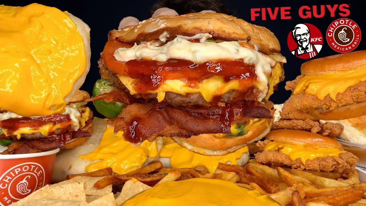 ASMR MUKBANG KFC FIVE GUYS BURGERS CHIPOTLE GIANT BURRITOS CHICKEN & FRIES | WITH CHEESE